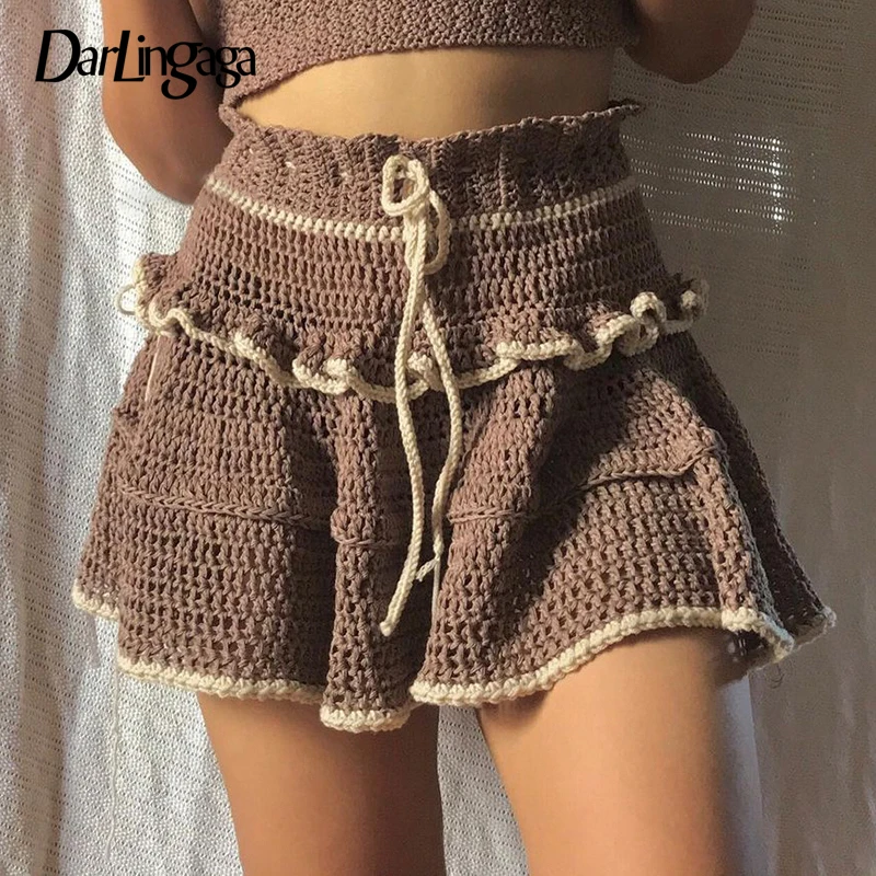 

Darlingaga Fairycore Brown Y2K Stripe Knitted Mini Skirt Women Autumn Vintage Frill Ruffles A-Line Party Skirt Tie Up Aesthetic