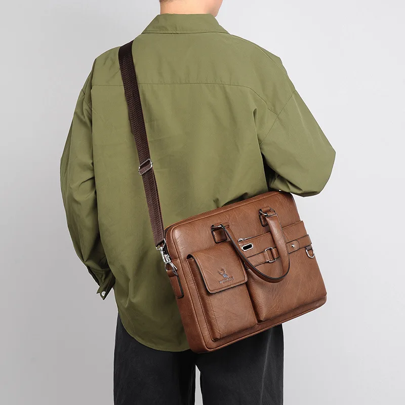 Leather Briefcase Bag for Man A4 Documents Designer Handbag Computer Laptop 14 Shoulder Business Messenger Tote Crossbody Bag