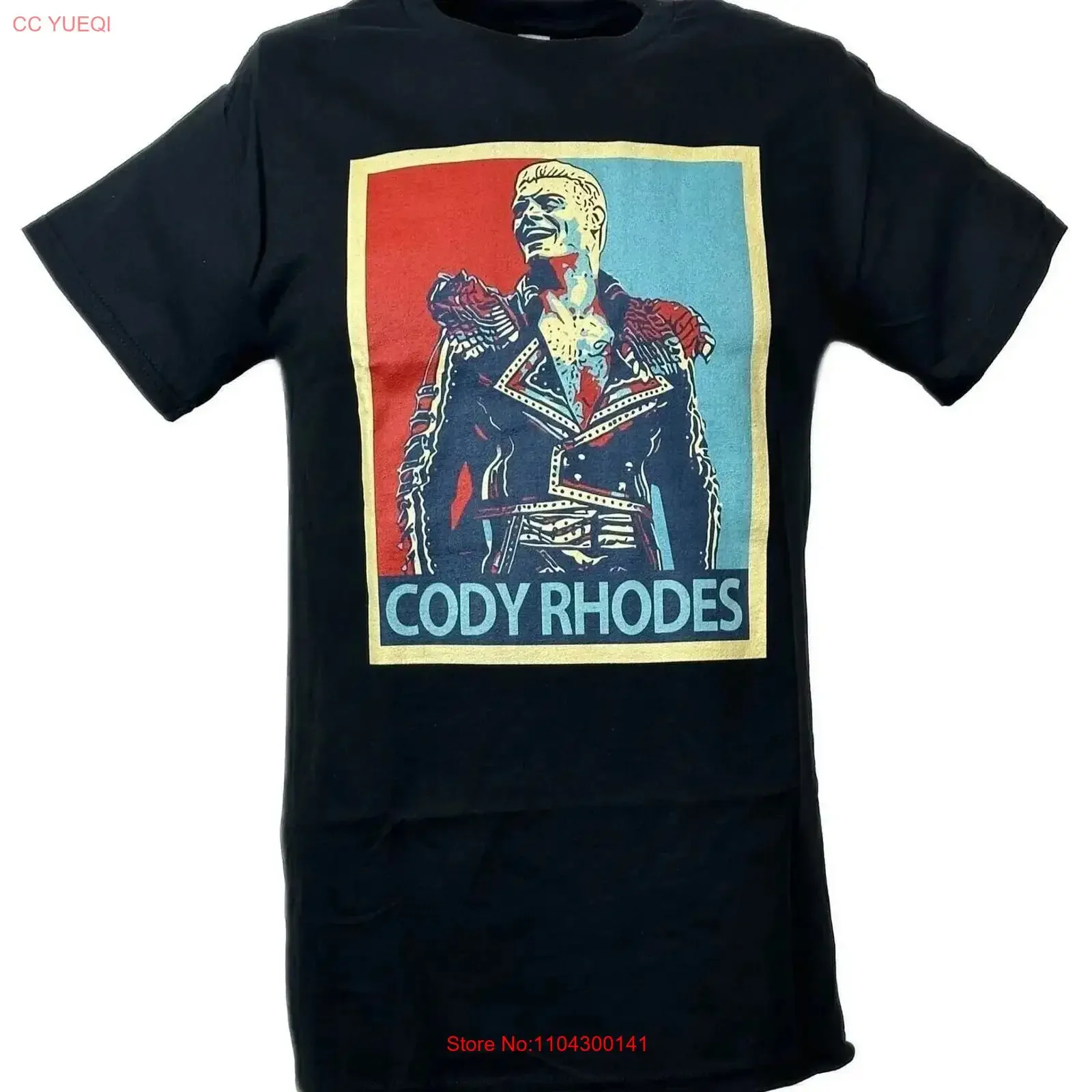 Фото Футболка Cody Rhodes с принтом в виде красно-синего плаката, черная, винтажная, с эффектом потертости, стильная, слегка удобная, мягкая, дышащая. №1