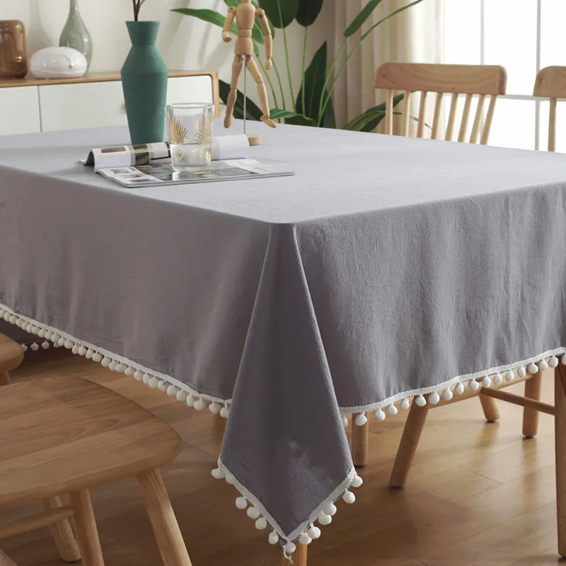 

Pure Color Fur Ball Tassel Tablecloth Simple Washed Cotton Banquet Table Cloth TV Cabinet Table Cover Towel Custom Size