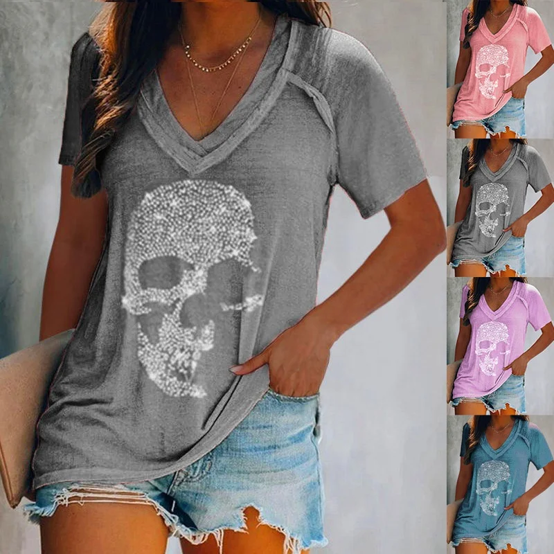 XS-5XL Fashion Women Summer Casual Tops Short Sleeved T-shirts Deep V-neck Skull Printed Blouse Ladies Loose Shirts