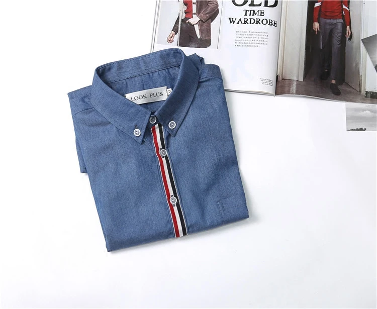 Spring and autumn new obviously the same TB ribbon washed denim shirt men's long-sleeved slim casual shirt tide
