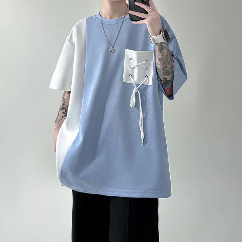 

Summer Suede T Shirt Men Fashion Retro Pocket Oversized Tshirt Mens Japanese Streetwear Loose Short Sleeve T-shirt Men Tops