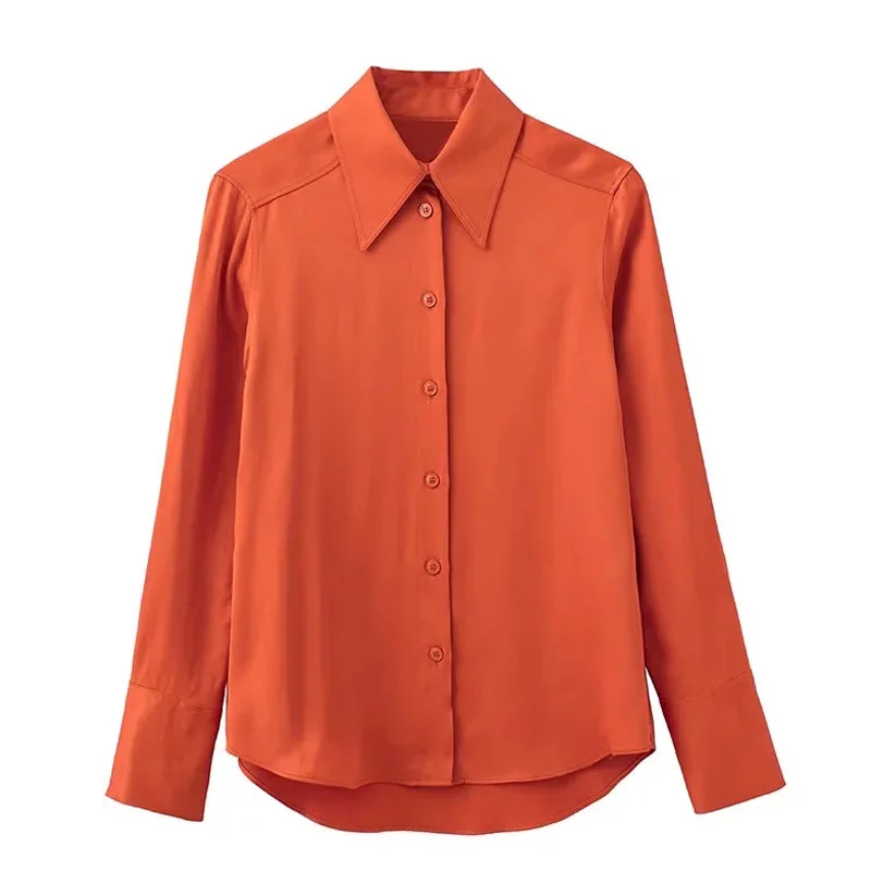 

TRAF Women Shirts 2022 Fashion Satin Shirt Female Long Sleeves Elegant Blouses Loose Vintage Top Office Lady Asymmetric Hem Tops