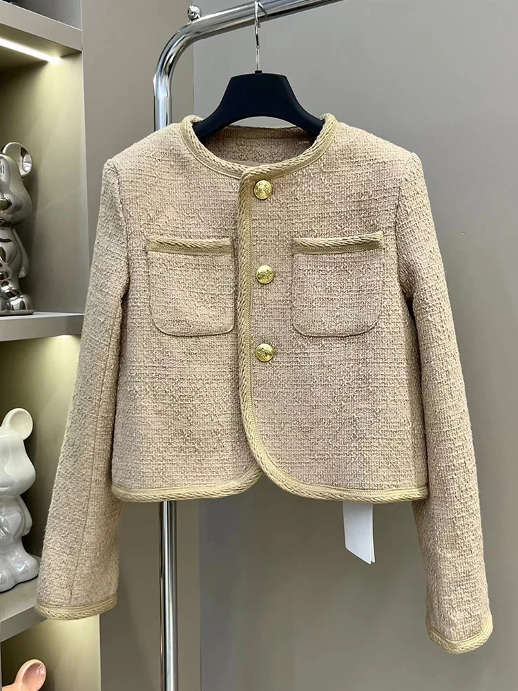 

Design a vintage braid wrapped gold buckle jacket for women's new autumn fashion luxury all-in-one straight tweed short jacket