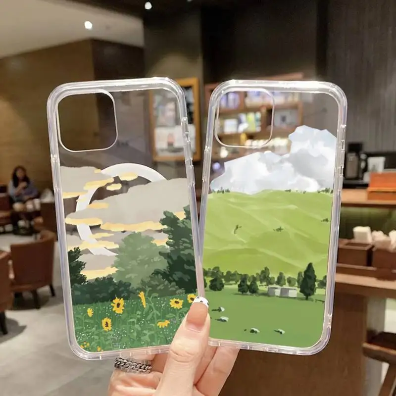 

Hand Painted Spring Scenery Pattern Phone Case Transparent Magsafe Magnetic Magnet For iPhone 13 12 11 Pro Max Mini