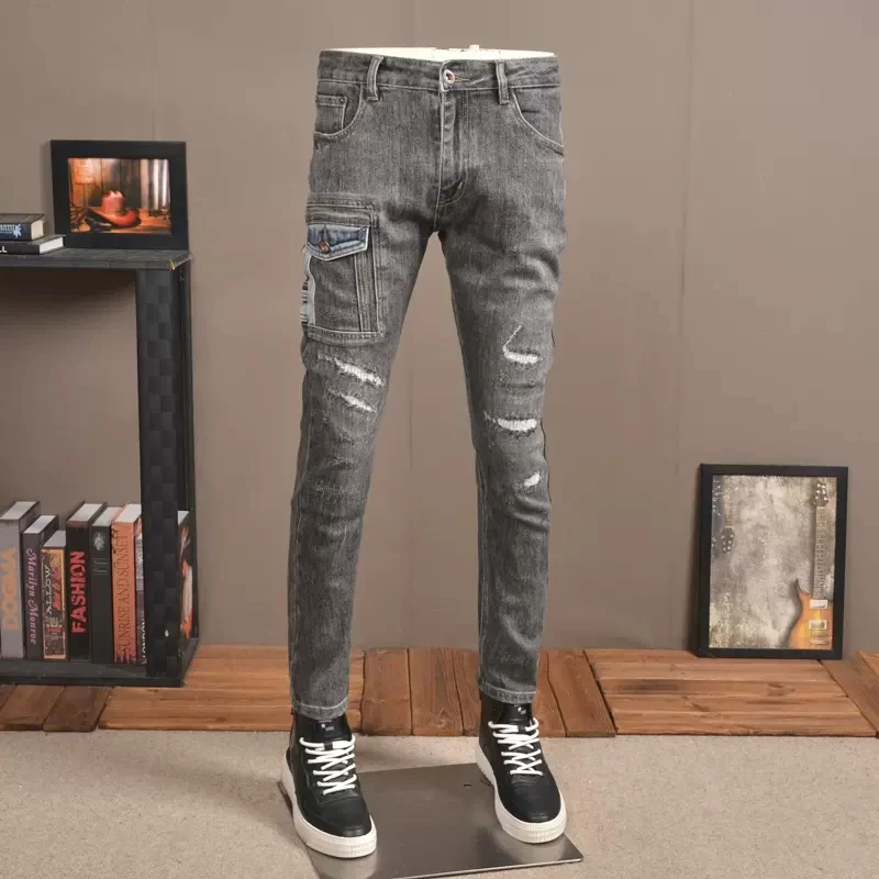 Streetwear Fashion Men Jeans Retro Gray Stretch Slim Fit Ripped Jeans Men Trousers Pocket Designer Patched Hip Hop Pants Hombre