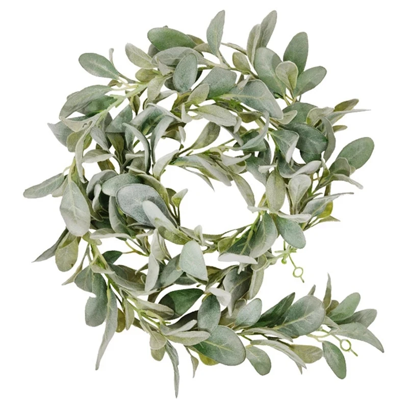 

4X Artificial Flocked Lambs Ear Garland - 2Meter Soft Faux Vine Greenery And Leaves For Farmhouse Mantel Decor