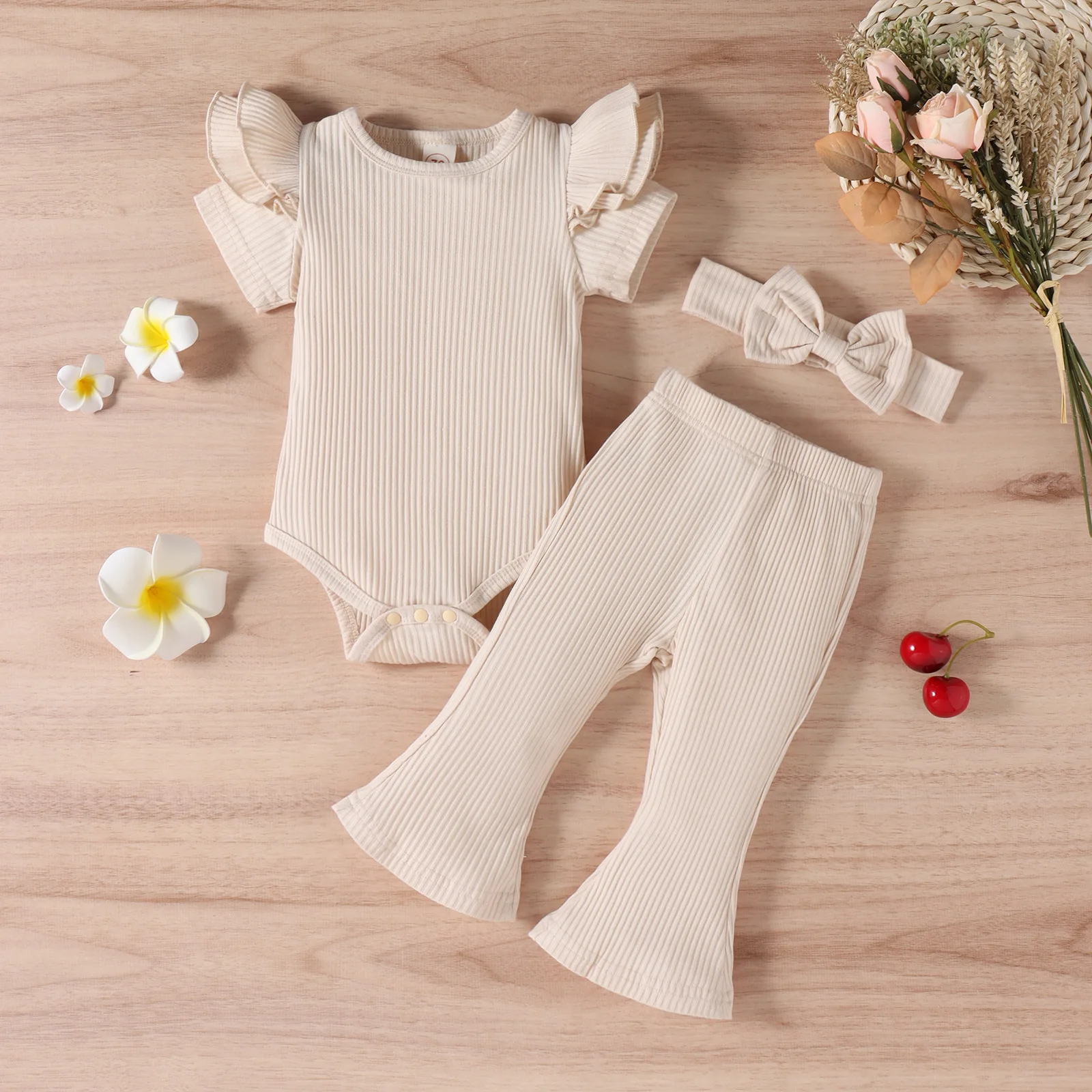 

Toddler Clothing Sets Baby Girl Clothes Solid Headband + Ribbed Flying Sleeve Bodysuit + Flare Pants 3pcs Set Children Outfits