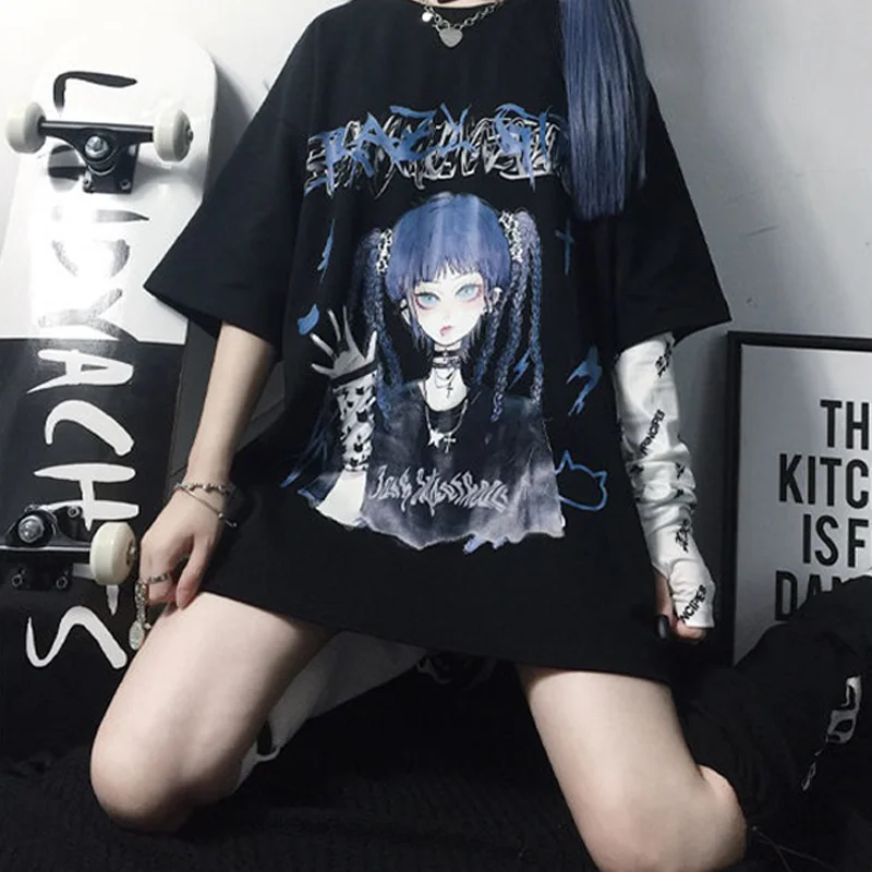 

Cool Funny Summer Womens Kpop T Shirts Black Harajuku Tshirt Streetwear Cartoon Ladies Loose Girl goth Tops Casual Amine Tshirt