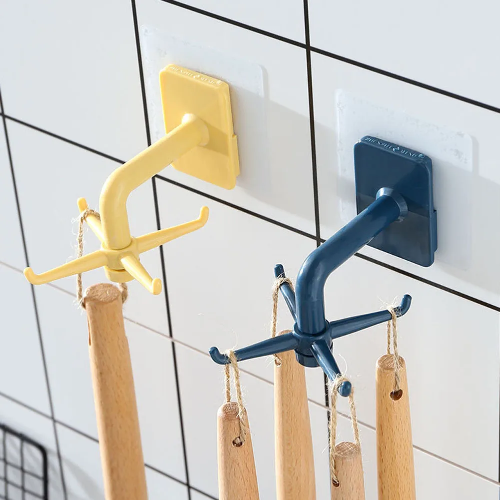 

4-jaw Self Adhesive Hooks For Kitchen 360 Degrees Rotatable Hook Multi-Purpose Wall Door Storage Organizer Bathroom Hanging Rack