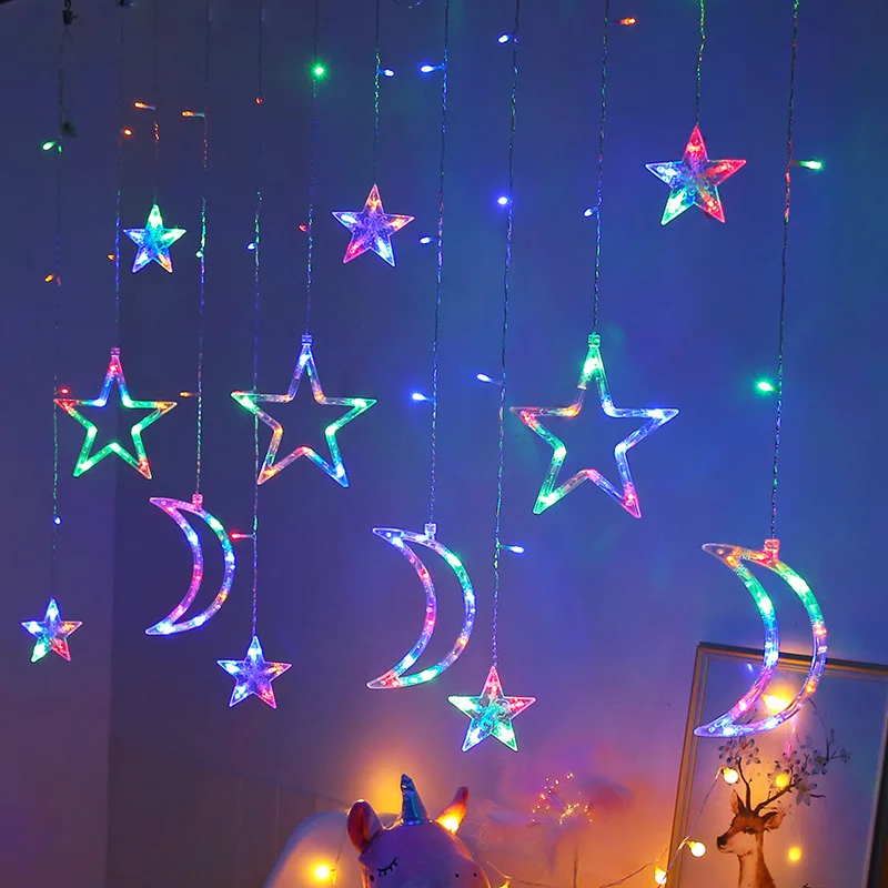 

ИД Мубарак Звезда Луна светодиодная гирлянда для дома сказочная Свадебная вечеринка день рождения Гирлянда Декор шторы лампа