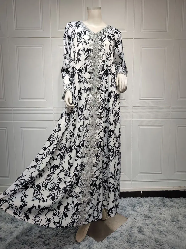 Sequins Kaftan Ethnic Long Dress Women Floral Print Arab Muslim Dresses Moroccan Gandoura Casual Robe Gulf Jalabiya Dubai Abayas