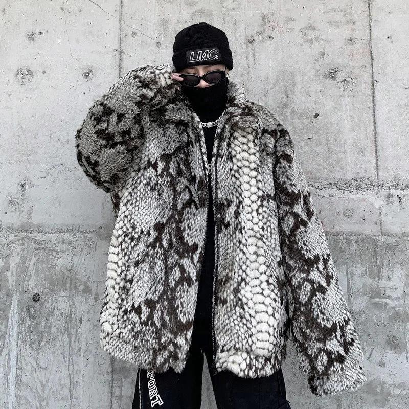 lamb wool men's winter faux fur men's snake print coat fleece and thick trendy loose padded jacket parkas coats for men winter