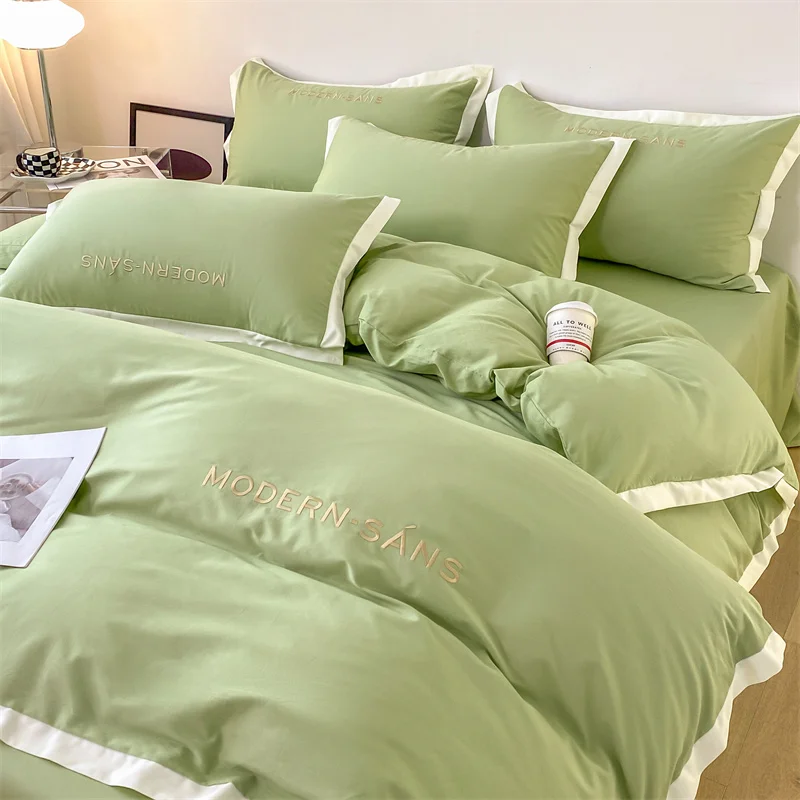 

Однотонный простой хлопковый комплект из трех предметов, Комплект постельного белья из четырех предметов, пододеяльник с простыней, наволочка, зеленый с белым краем