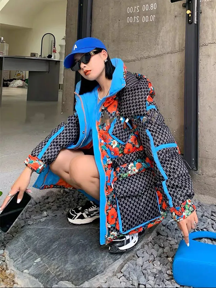 Утепленное зимнее пуховое пальто с цветочным принтом женская одежда свободные