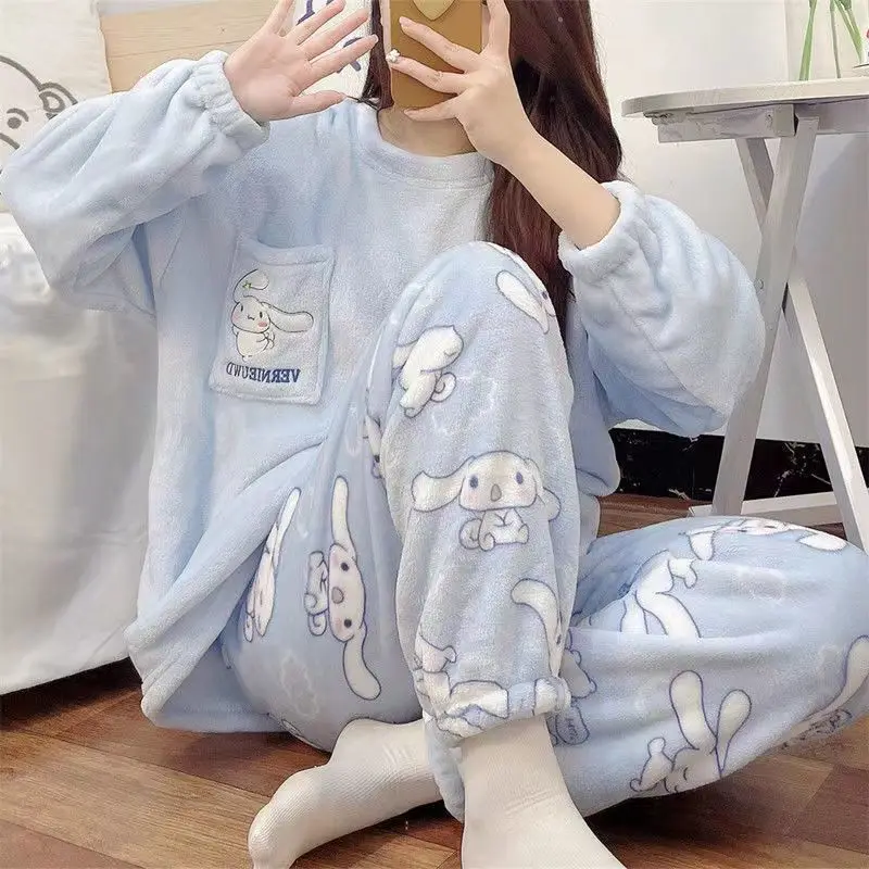 Kawaii Sanrio Plush Pajama Cinnamoroll Cartoon Thickening Coral Fleece Nightdress Cute Girl Wint Warm Home Wear Christma Gifts