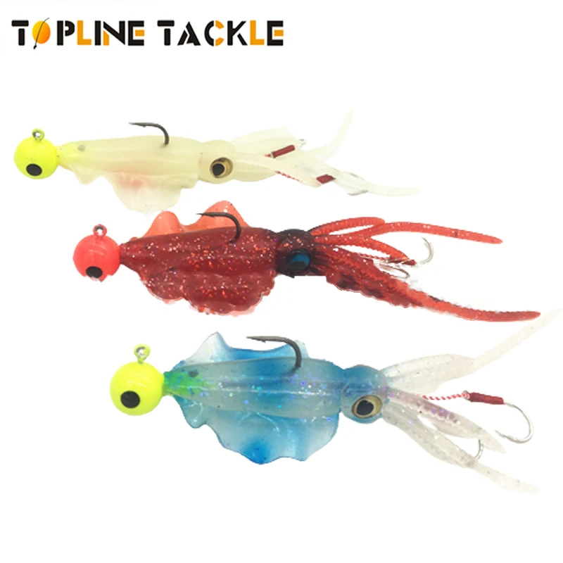 

Topline Luminous Octopus Squid Jig Lure With Skirt 13cm 25g Jig Head Soft Silicone Lures Sinker Snapper Lures For Sea Fishing