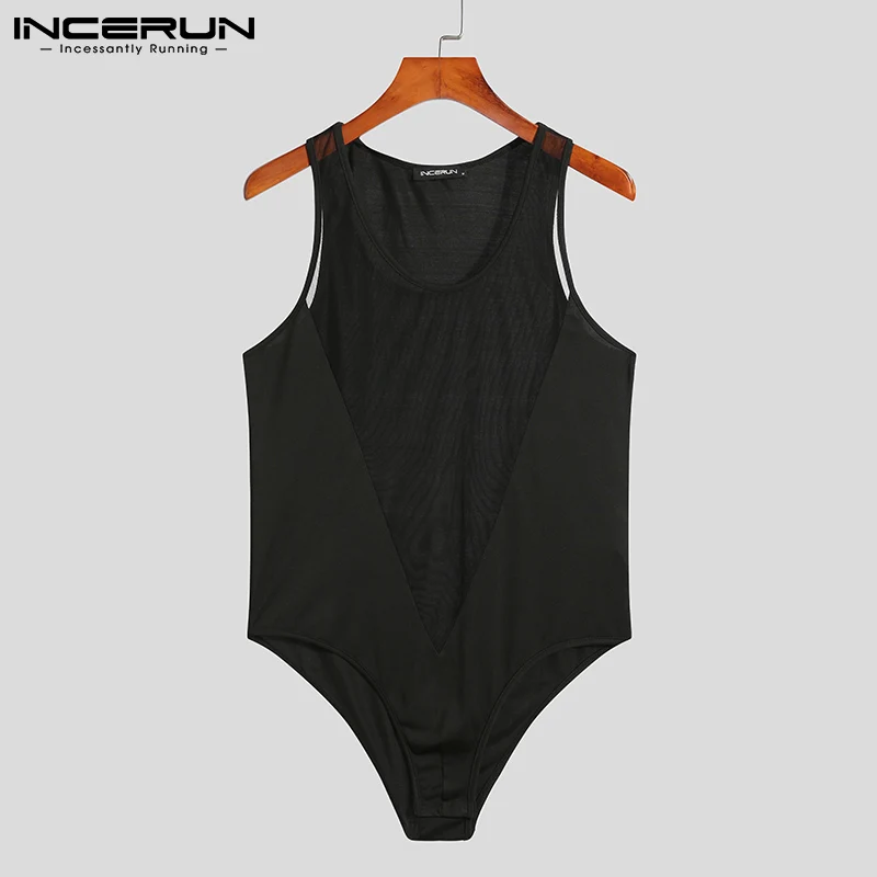 

Men Bodysuits Mesh Patchwork See Through Sexy O-neck Sleeveless Rompers Pajamas 2022 Vests Men Bodysuit Underwear S-5XL INCERUN