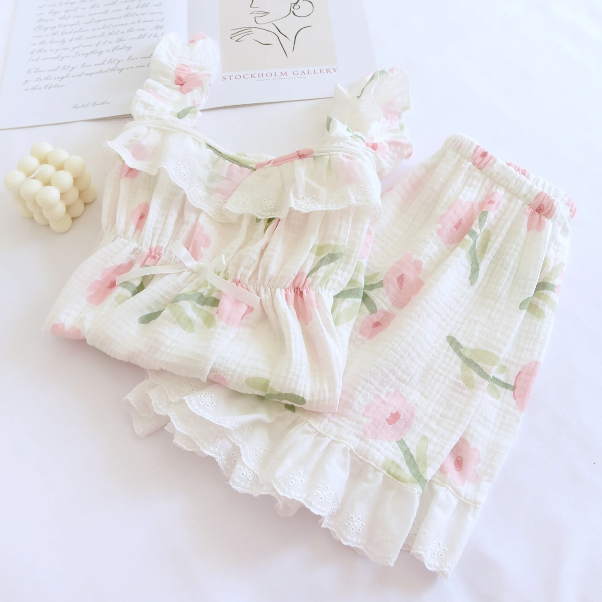 2023 Summer New Women's Pajama Set 100% Cotton Crepe Vest+Shorts Two Piece Ladies Pink Flower Sweet and Cute Home Fury Sleepwear