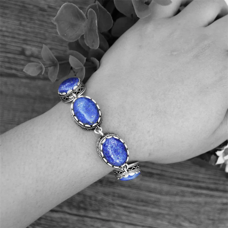 Фото Natural Oval Lapis Lazuli Bracelet For Women Vintage Antique Silver Plated Flower Pendant Fashion Jewelry Party Gift TB276 №3
