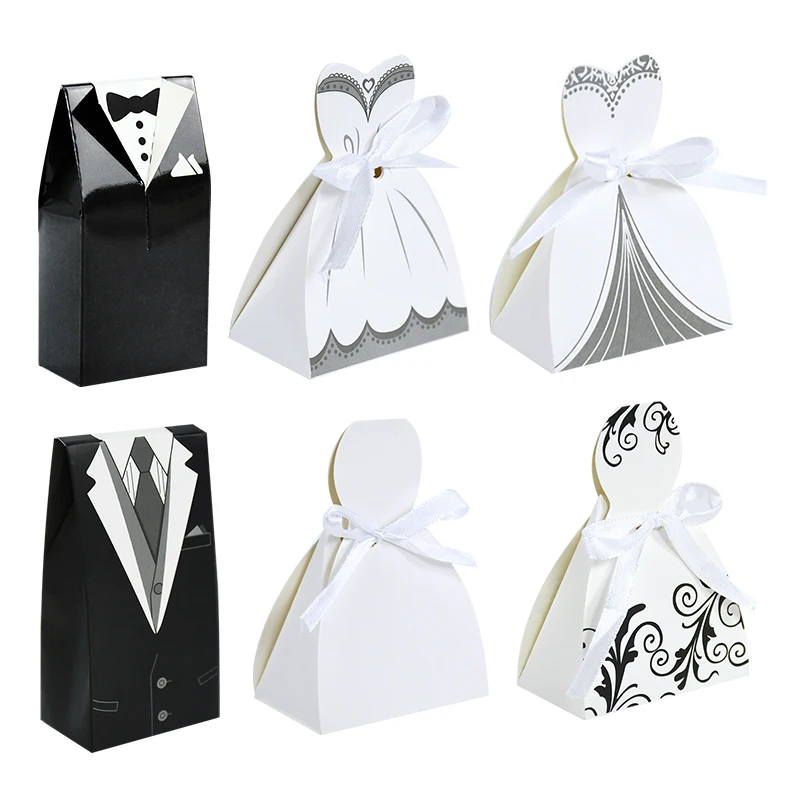 

10pcs Wedding Favor Paper Candy Box Bride and Groom Dress Candy Box with Ribbon Gifts Bag Engagement Party Souvenirs Decoration