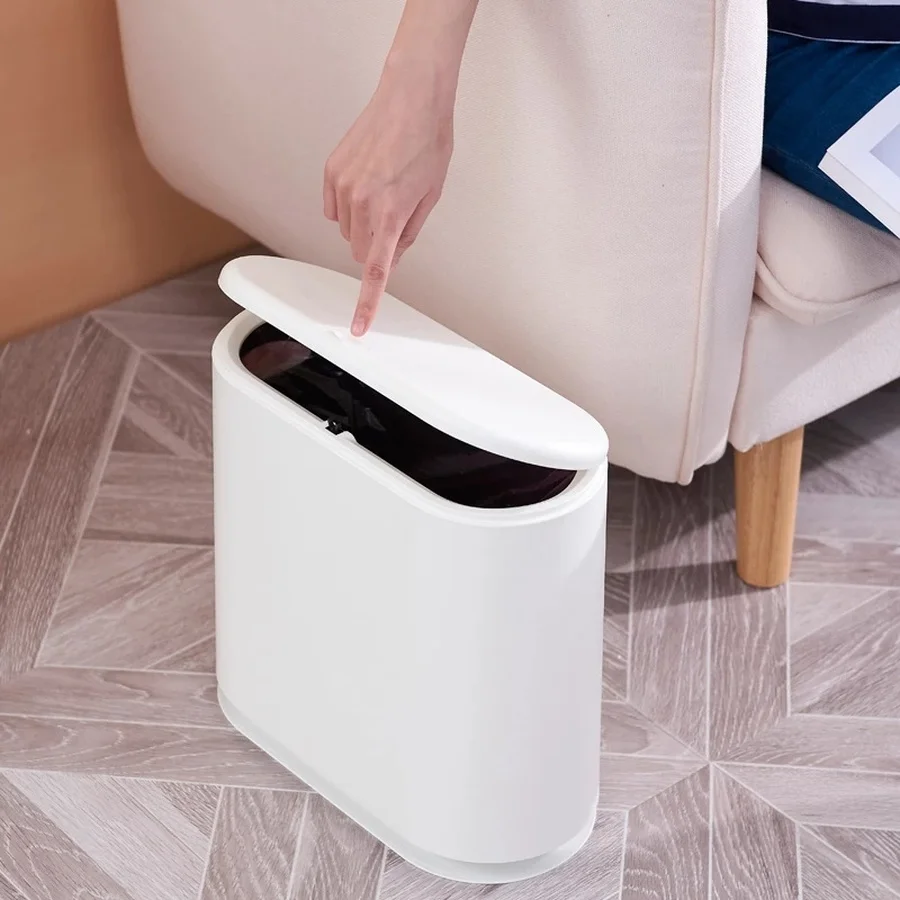 Kitchen Bathroom Trash Bin Can Convenience Storage Bucket Garbage Bin Cleaning Garbage Can Bedroom White Lid Pressing Type