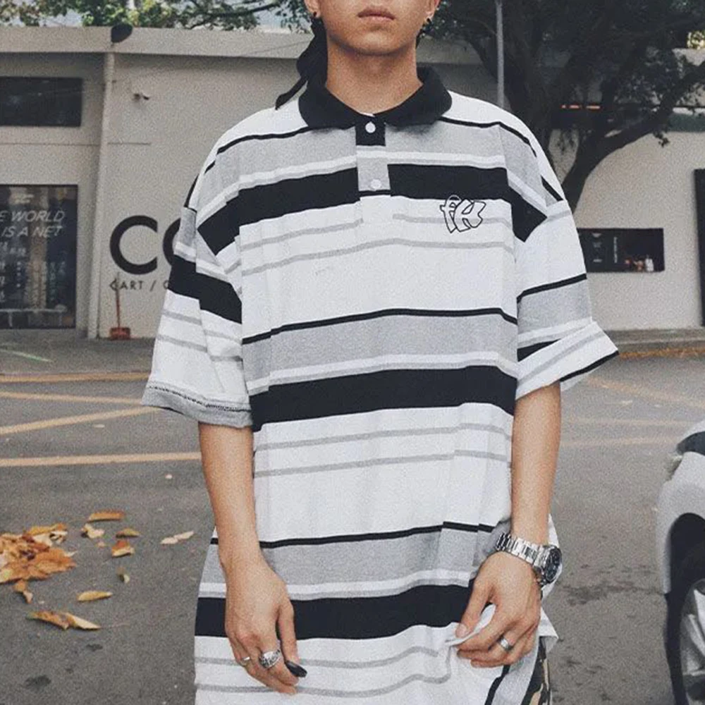 

Men's Casual Fashion Striped Short-sleeved T-shirt Street Retro Loose Simple All-match Polo Shirt Summer Hiphop West Coast