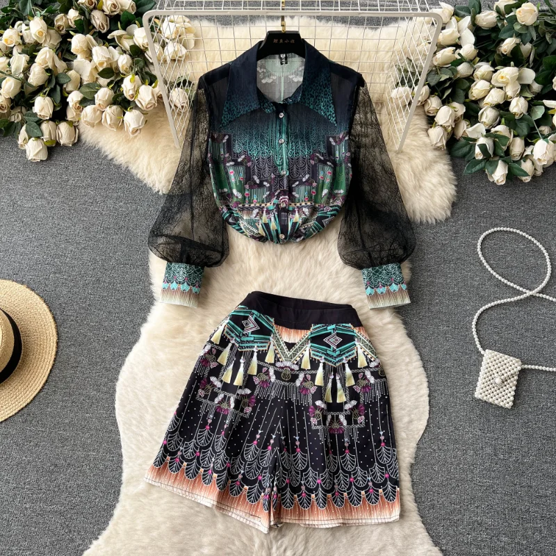 

High Quality Set Women 2 Pieces Turn Down Collar Single-breasted Shirt Top Suit+ High Waist Slim Print Wide Leg Shorts Outfits