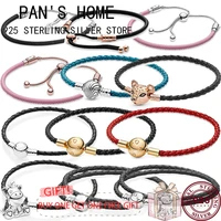 new hot 925 sterling silver exquisite woven leather rope sliding womens bracelet suitable for original pandora charm jewelry