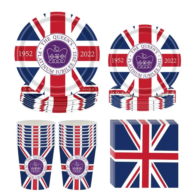 Jubilee Plates And Cups Dinnerware Kit 68Pcs Great Britain Plates Cups And Napkins British Party Decorations Jubilee Tableware