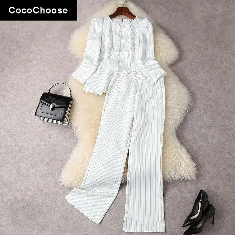 

Women Black Striped Trouser Suits Spring 2022 Fashion Office Elegant Bowknot Diamonds Beading White Blouse Top and Pants Sets