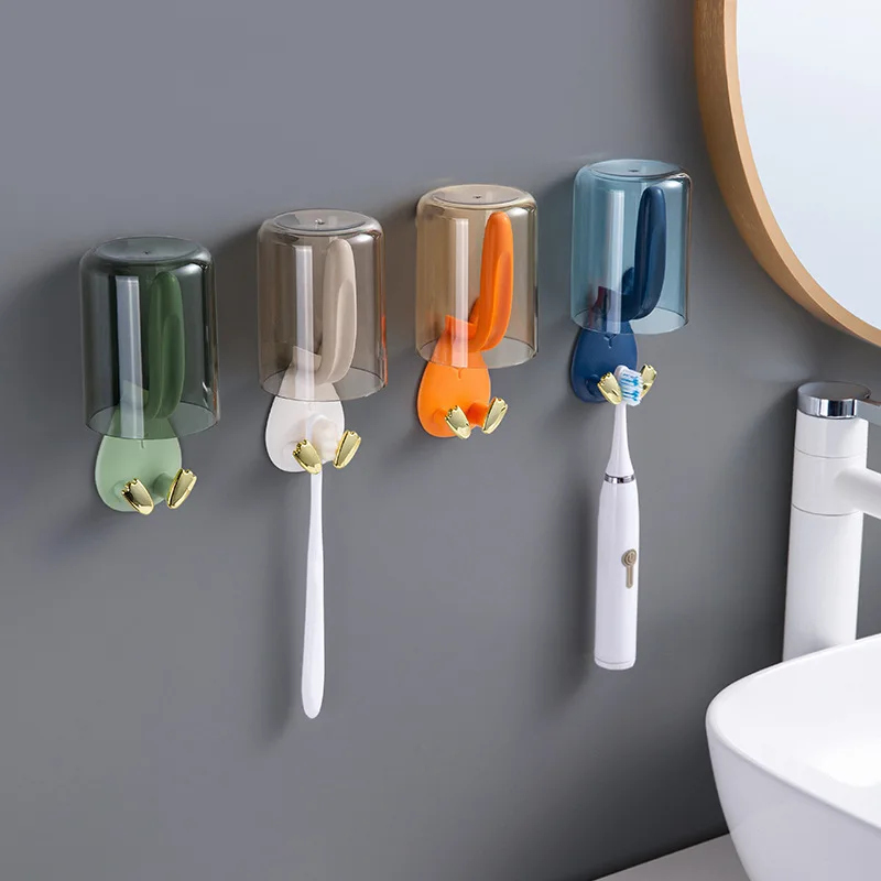 

Cute Rabbit Toothbrush Cup Holder Punch-free Bathroom Mouthwash Cup Storage Toothbrush Family Shelf Wall-mounted Storage Rack