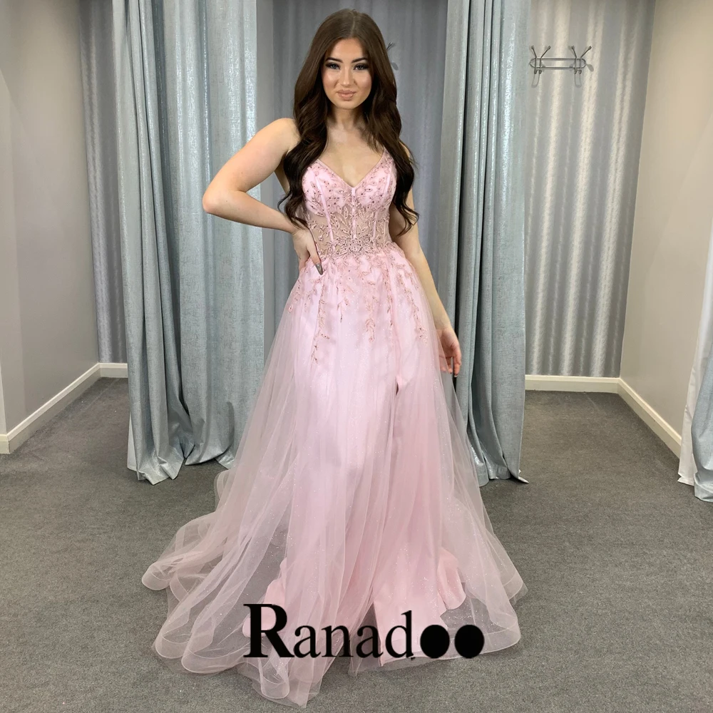 

Ranadoo Modern Sparkly Tulle Evening Dresses Women V Neck Appliques Sleeveless A Line Spaghetti Strap Graduation Gown Customised