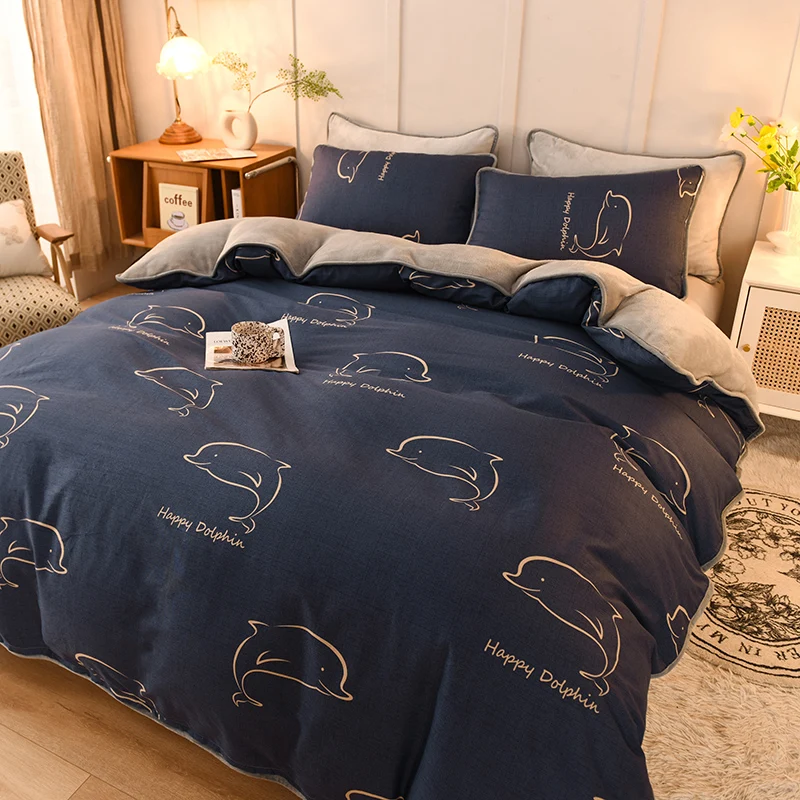 

AB Surface Coral Fleece Four-Piece Set Single-Sided Velvet Winter Bed Milk Fiber Flannel Thermal Duvet Cover Cotton plus Velvet