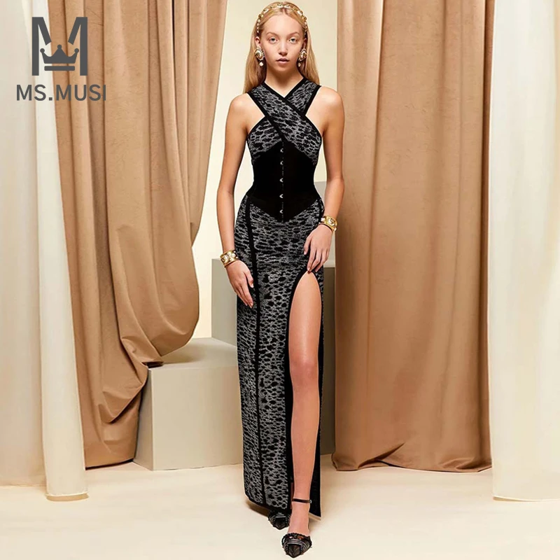 MSMUSI 2023 New Fashion Women Sexy Leopard Print Halter Belt Slit Bandage Sleeveless Bodycon Party Club Maxi Dress Long Gown