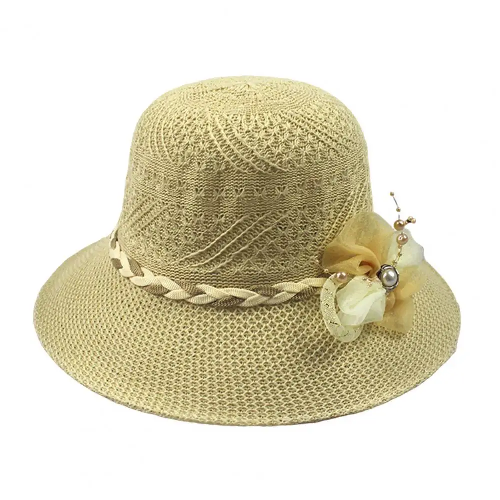 

Женская пляжная шляпа с широкими полями, тканевая шляпа с цветочным декором из искусственного жемчуга и плетеным ремешком, Солнцезащитная круглая шляпа для женщин, шляпа рыбака, женский головной Убор