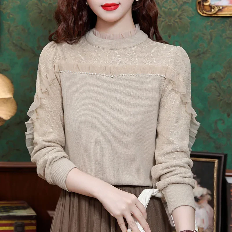 Модная кружевная женская блузка с длинным рукавом рюшами и бисером рубашка