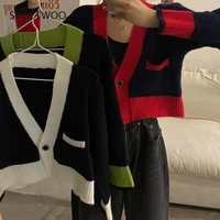 patchwork cardigan women slim retro autumn college fashion simple v neck chic all match streetwear female sweater knitted crops