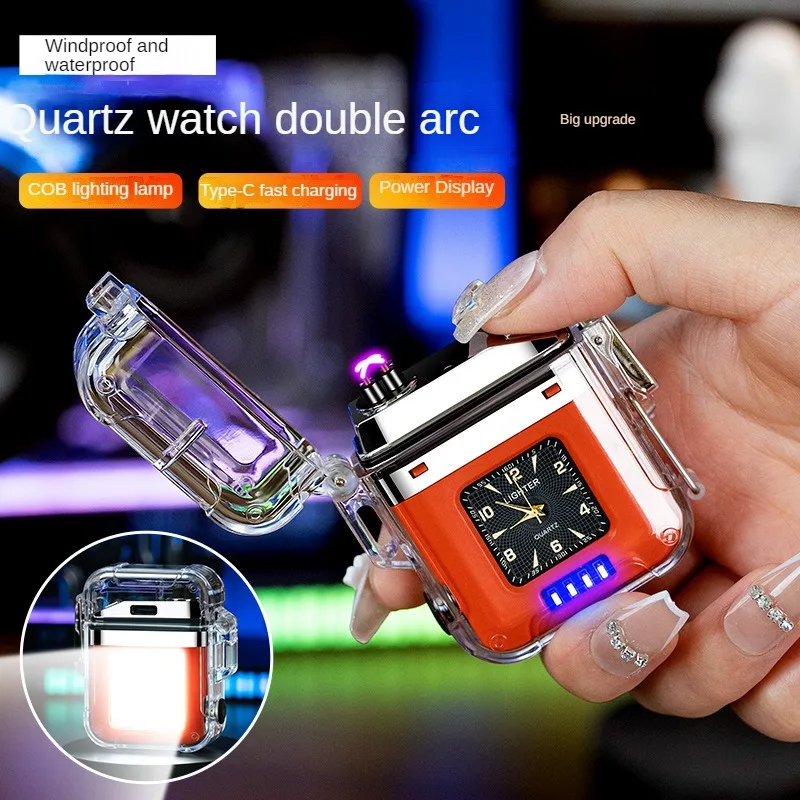 

Dual Arc Plasma Waterproof Lighter Watch Transparent Rechargeable USB Flashlight Flameless Windproof Lighter for Outdoor Camping