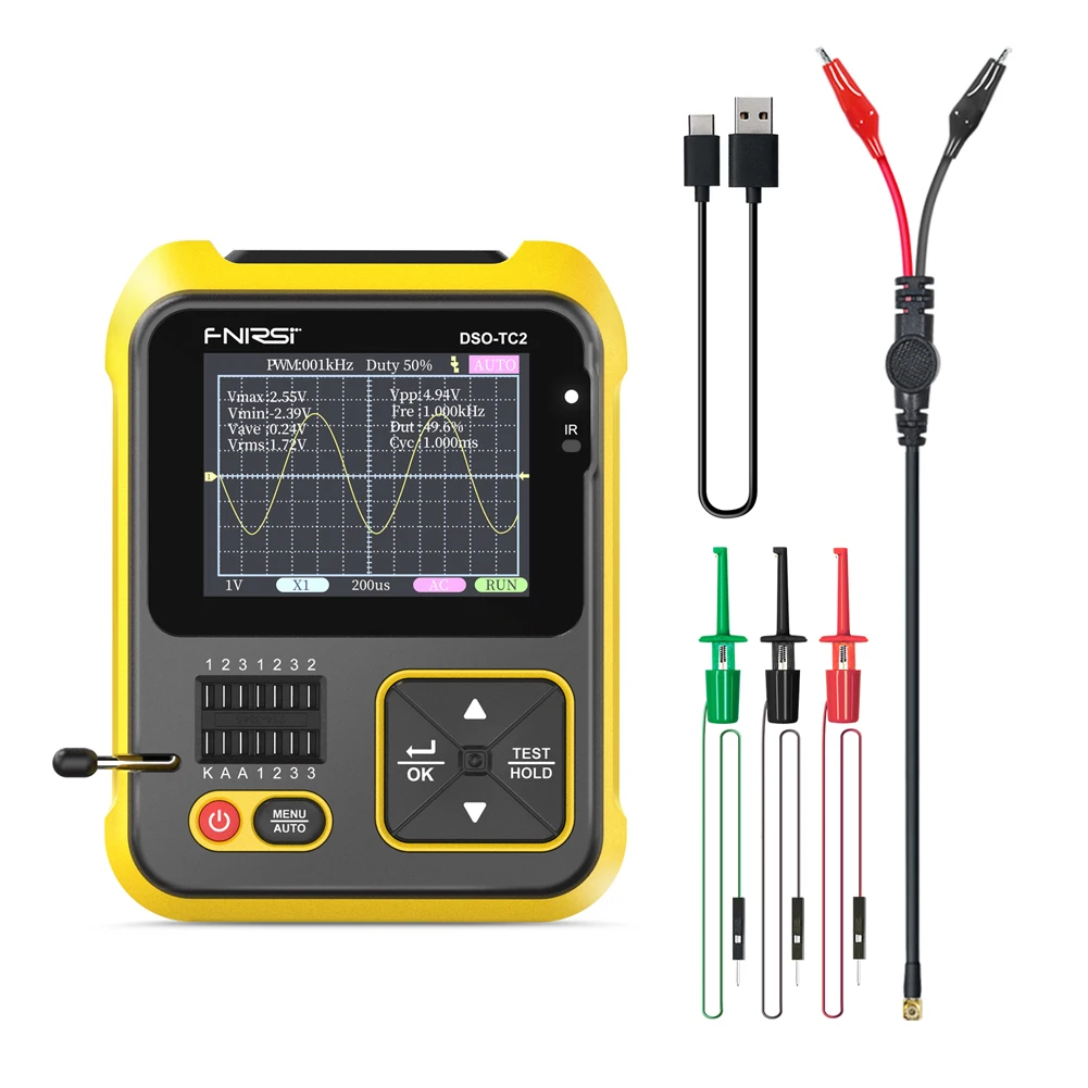 

Handheld Oscilloscope Transistor Tester 200kHz Bandwidth 2 In 1 Testing Tool PWM Square Waves Output 2.4 Inch Color Display