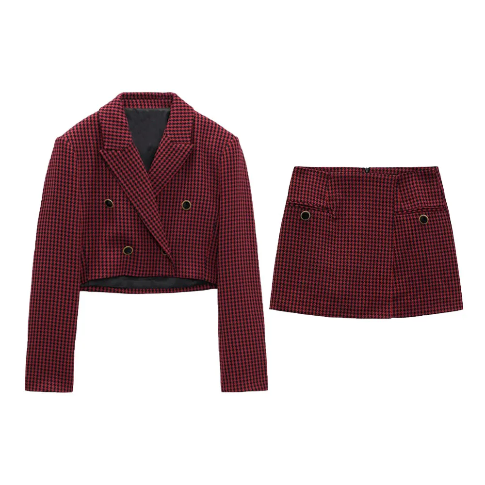 

Autumn and winter new fashion women's temperament houndstooth short casual suit jacket + high waist miniskirt suit