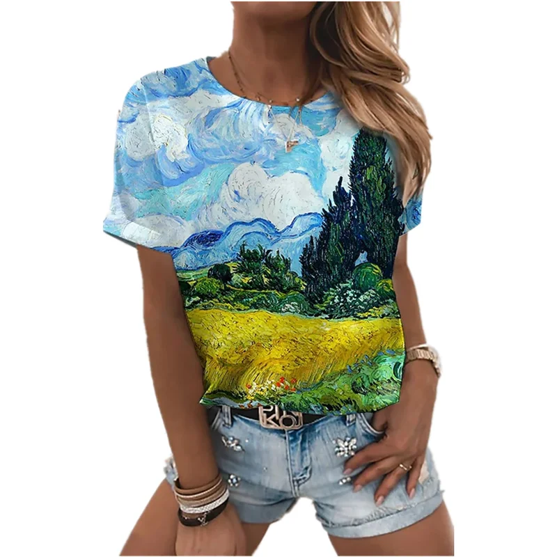 

Camiseta informal de tela con pintura de paisaje para mujer, camiseta de manga corta de Color para mujer, ropa para mujer