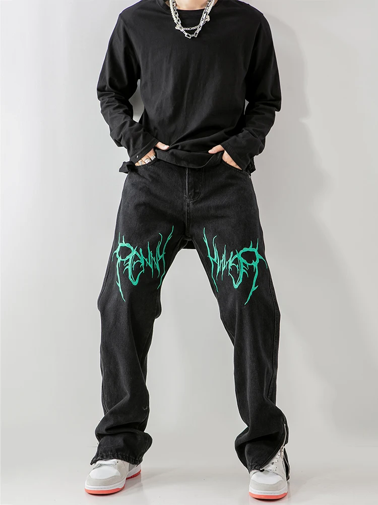 

Jeans Men's High Street Embroidery Black Straight Loose Hip Hop Skateboard Side Zipper Mopping Pants Streetwear Jeans Hommes