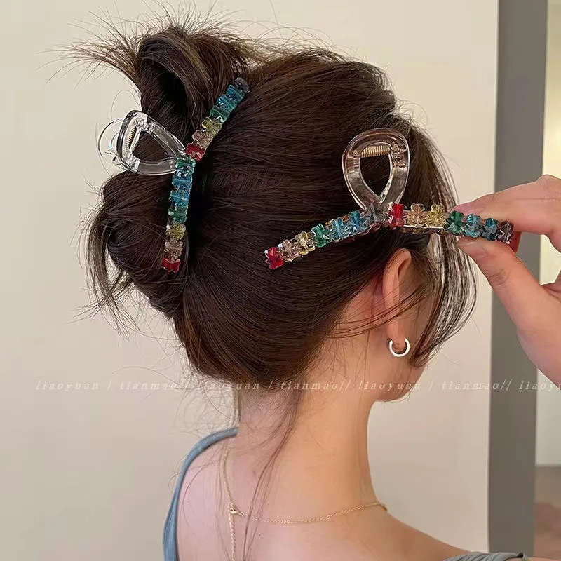 

New Korean Style Colors Crystal Hair Claws for Women Cute Acrylic Hairpin Shark Hair Clips Little Bear Headwear Hair Accessories