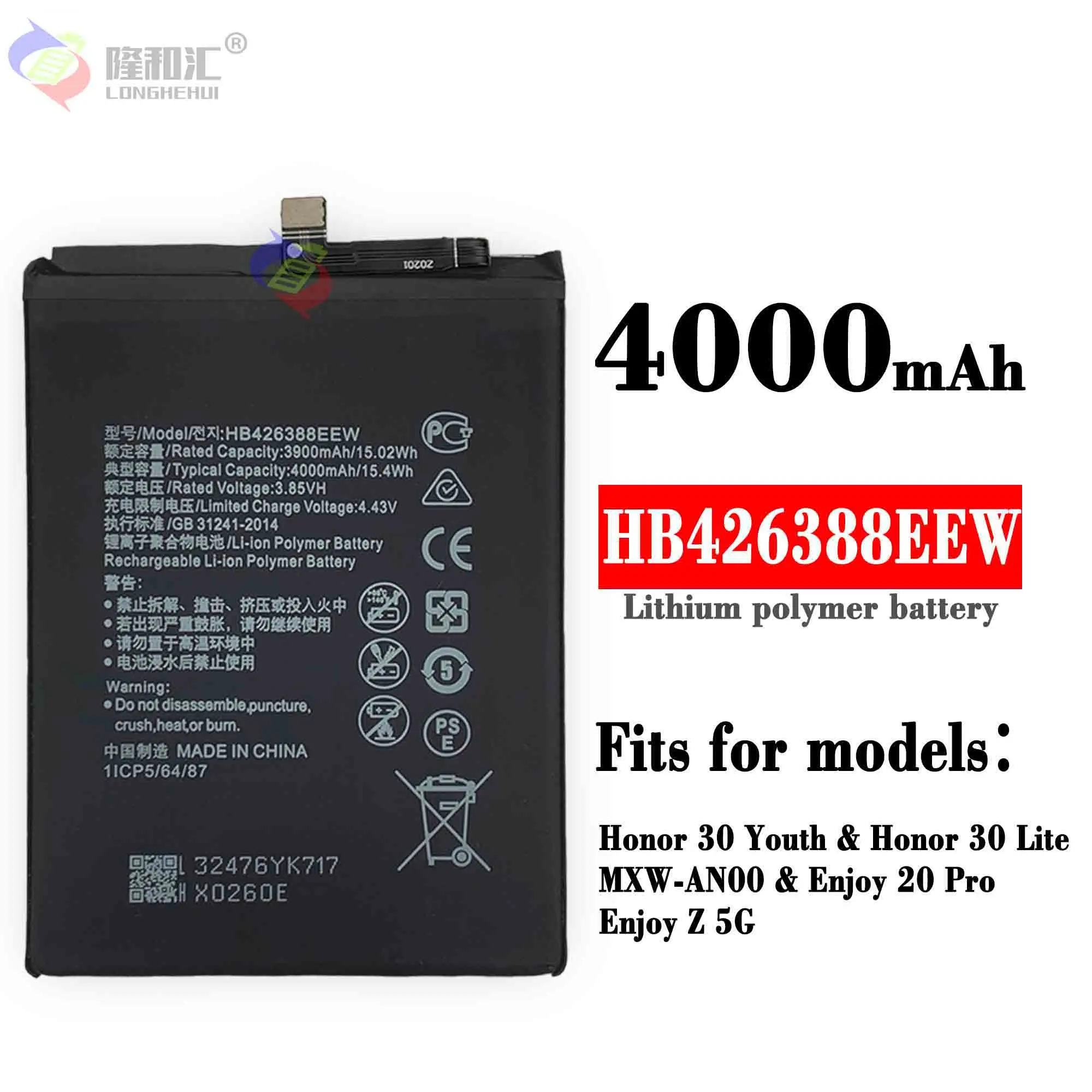 

Original 4000mAh HB426388EEW Battery for Huawei Honor 30 Lite/ Enjoy 20 Pro/ Enjoy Z Phone Replacement Bateria