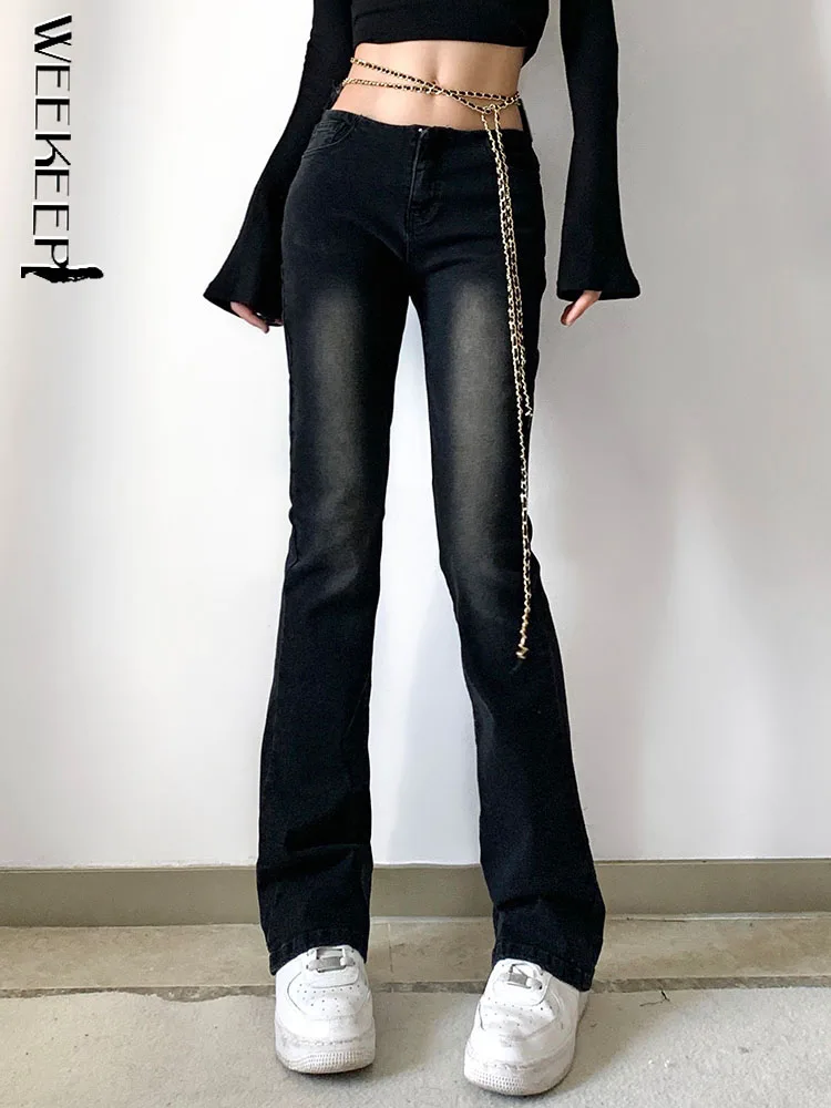 

Weekeep Women Jeans Pants 2022 Summer New Chain Bandage Low Waist Micro-Elasticity Denim Pants Y2k Trousers Harajuku Streetwear