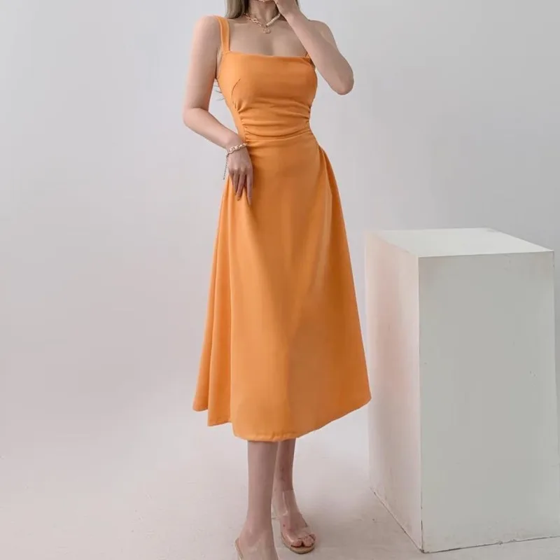 

American Style Dress for Women Sexy Sleevelss A-line High Waist Tunic Dress Elegant Solid Color Middi Dress Tunicas Mujer Verano