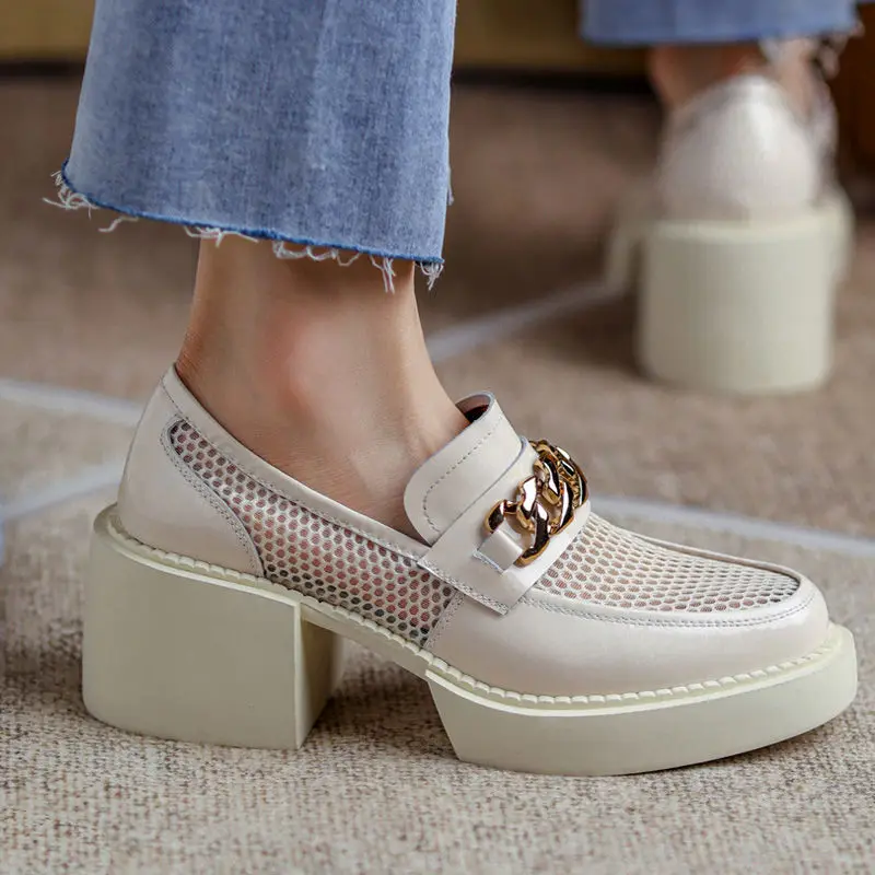 

2022 Spring New Chain Women's Shoes Casual Net Yarn Loafers Shoes Woman Slip-On Platform Shoes Round Toe Low Heel Mujer