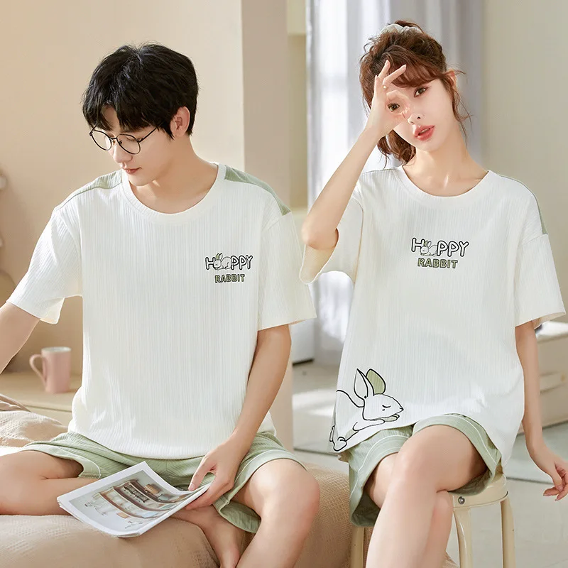Summer Couple Pajamas Set New Green Little Dinosaur Loose Cotton Nightwear Mujer Casual Home Suit Sweet Sleepwear For Women Men